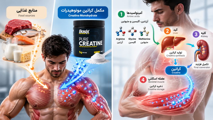 کراتین گوشت و ماهی برای عضله سازی کافی نیست؛ کمبودش را چطور جبران کنیم؟ 6 مقایسه کراتین دریافتی از گوشت و ماهی با مکمل کراتین مونوهیدرات و نمایش فرایند طبیعی ساخت کراتین در کبد و کلیه و انتقال آن به عضلات.