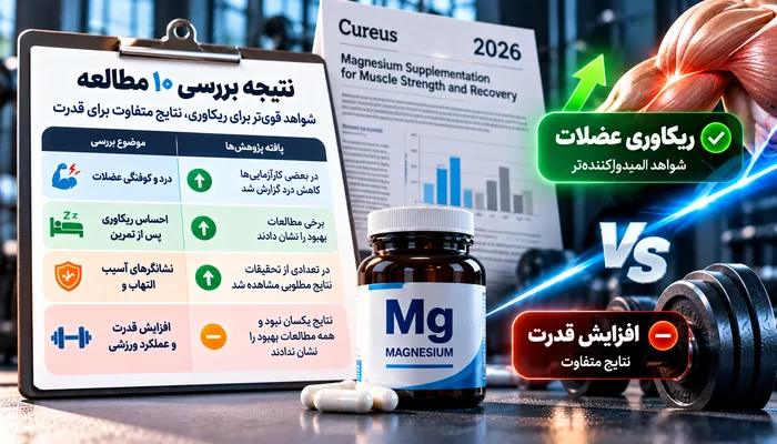 پژوهش ۲۰۲۶ درباره منیزیم؛ چرا نتیجه ریکاوری عضلات با قدرت فرق داشت؟ 4 نتایج بررسی ۱۰ مطالعه درباره تأثیر مکمل منیزیم بر کاهش کوفتگی و ریکاوری عضلات در مقایسه با افزایش قدرت ورزشی در پژوهش سال ۲۰۲۶.