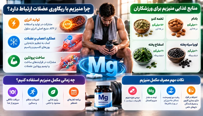 پژوهش ۲۰۲۶ درباره منیزیم؛ چرا نتیجه ریکاوری عضلات با قدرت فرق داشت؟ 5 اینفوگرافیک نقش منیزیم در ریکاوری عضلات، تولید انرژی ATP و معرفی منابع غذایی منیزیم برای ورزشکاران.